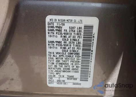 2010 Nissan Murano S z USA, uszkodzony, nr VIN JN8AZ1MW3AW111689